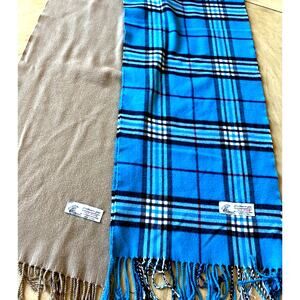 2 Italy Design cashmere Scarf Tartan plaid Cozy Luxury Blue Tan fringe Preppy